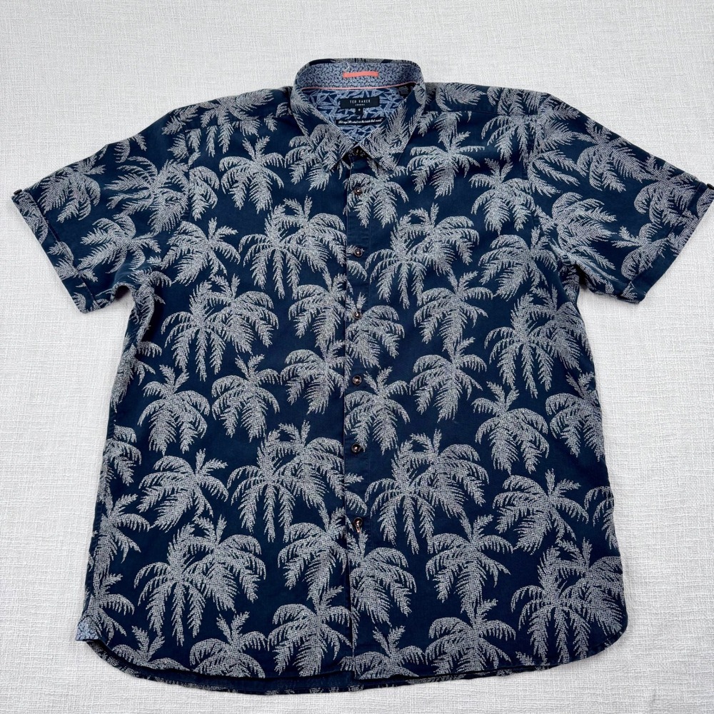 Ted Baker London Mens Navy Palm Tree Print Lyocell Short Sleeve Shirt Size 6 XXL